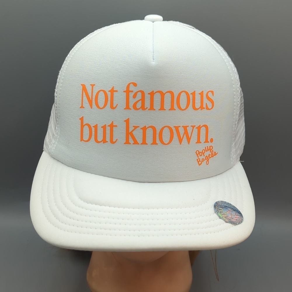 Popup Bagels Trucker Hat "Not Famous But Known" White Orange Snapback Mesh Cap